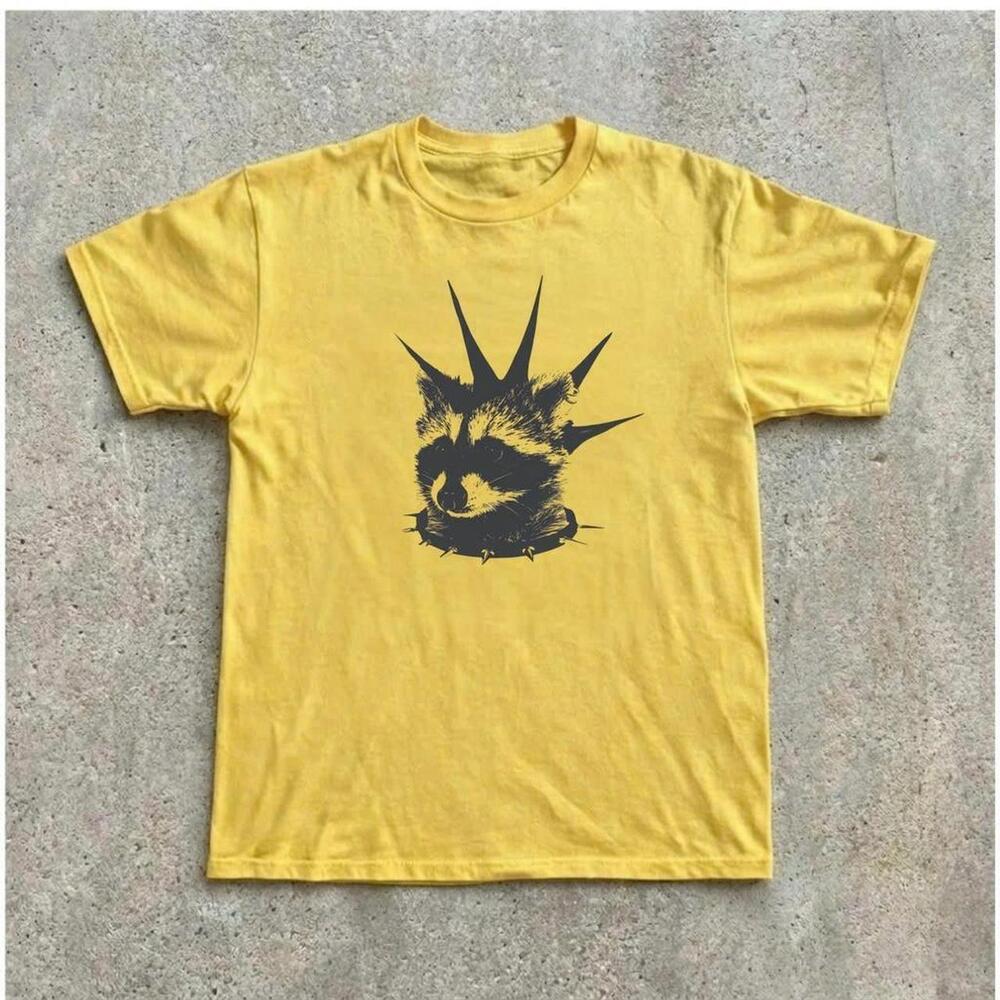 Yellow Graphic Tee With Black Raccoon Design